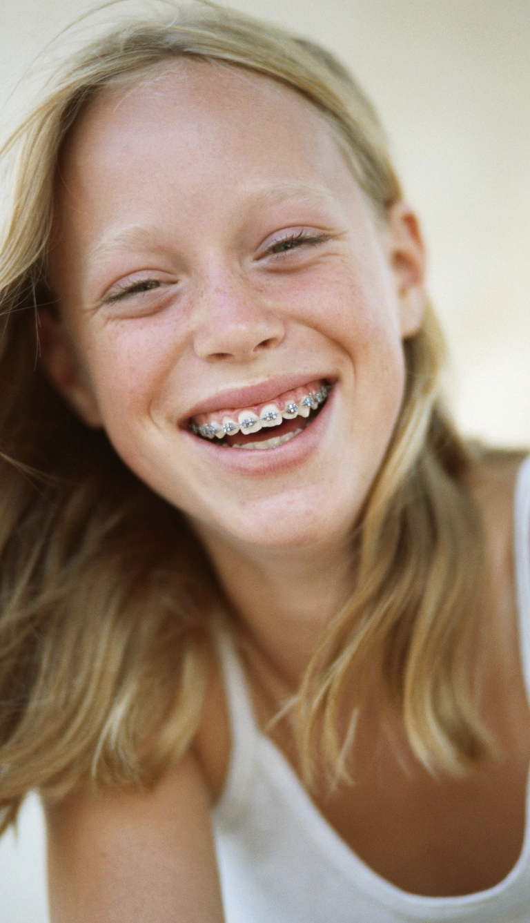 Uśmiechnięta dziewczyna z aparatem na zębach